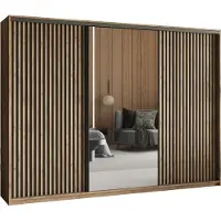 Masseno Armadio scorrevole ORRA 250/205/60 cm Armadio con specchio e lamelle, 4 cassetti Armadio per camera da letto a 3 ante Rovere Lefkas + Nero