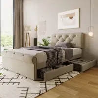 MODFU , letto imbottito 140x200 cm, matrimoniale con 4 cassetti, completo di materasso, materiale naturale
