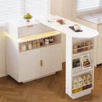 Flieks Tavolo da bar allungabile con vano portaoggetti, illuminazione a LED, rotazione a 360°, isola da cucina estraibile, tavolo da bar 115-183 x 40 x 99,5 cm, bianco