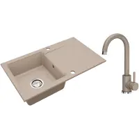 VBChome Lavello in granito 76 x 44 cm Beige con rubinetto Lavello da incasso a vasca singola Reversibile Speckled Lavello di facile manutenzione con sifone