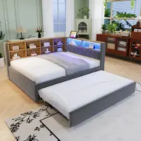 OKWISH Letto imbottito, Divano letto 140x200, Divano letto 90x190, con illuminazione LED, cassetti e numerosi vani portaoggetti, Flanella, con materasso, Grigio scuro