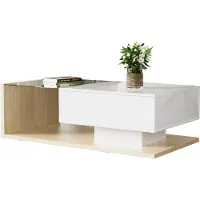 Fortuna Tavolino Lai lucido, 105x55x32,5 cm, con effetto vetro e LED e 1 cassetto, naturale e bianco