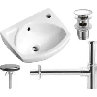 Domotechnika COMPOSIZIONE 4in1: Lavabo piccolo in Vetroceramica 35x28 cm sospeso bianco - sifone - tappo - tappo cieco per il foro