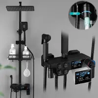 Zelurxx Set doccia a pioggia, sistema doccia con termostato e indicatore LED della temperatura, rubinetteria doccia con doccetta a 3 funzioni, doccia regolabile, acciaio inossidabile, nero