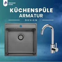 VBChome Lavello in acciaio inox con rubinetto – 49x48x21 cm, grafite, struttura in lino – Lavello da incasso con foro per rubinetto, vasca grande Sifone – Rubinetto per lavello da cucina cromato