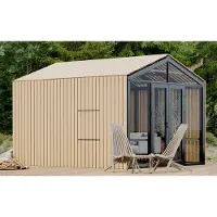 Casa Padrino casa da giardino nero / beige 400 x 300 x h. 276,2 cm - Casa da giardino in legno massiccio con finestre e porte in vetro - Case da giardino moderne - Case da giardino