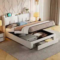 UnboxG Letto imbottito 140x200cm con LED/Tipo C e USB (prese), letto matrimoniale con testata contenitore e rete a doghe, letto per ragazzi letto in legno letto contenitore in velluto beige