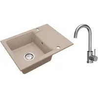 VBChome Lavello in granito beige 59 x 44 cm con rubinetteria Vasca singola Lavello da incasso Reversibile Macchiettato Lavello di facile manutenzione con sifone