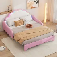 MODFU divano letto daybed 140x200cm con rete a doghe, letto in legno daybed letto per bambini letto per ragazzi con luce ambiente (trasformabile in letto piano 140x90cm), rosa (senza materasso)