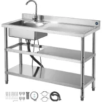 SucceBuy Lavello in acciaio inox (120 x 50 x 94 cm), monovasca con rubinetto e due ripiani, lavello da cucina per garage, ristorante o esterno, lavabo con piano di lavoro (a destra)