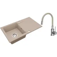 VBChome Lavello in granito 76 x 44 cm Beige con rubinetto flessibile Lavello da incasso a vasca singola Reversibile Speckled Lavello di facile manutenzione con sifone