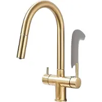 OEM Rubinetto da cucina, doppia maniglia, funzione spray estraibile, acciaio inox, oro spazzolato