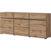 Meublorama Buffet coloris chêne et noir 180cm collection HAVANA. Credenza design con 3 porte e 3 cassetti.