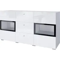 Meublorama Buffet RAMOS – 2 porte in vetro + 3 cassetti – Colori bianco lucido e nero – LED non inclusa