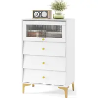KOMFOTTEU : cassettiera con cassetti e ante in vetro, credenza con gambe in metallo, mobile da cucina con ante scorrevoli, credenza per studio o ingresso, bianco (con 3 cassetti)