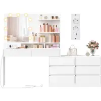 Vasagle Toilette con cassettiera, diritta o a forma di L, specchio con luce e specchio, colori della luce regolabili, bianco