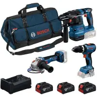 Bosch Kit combinato di utensili GSB 18V-65, 18V-22, GWS 18V-11, 3 batterie da 5,0 Ah, caricabatterie GAL 12V/18V-80, con borsa