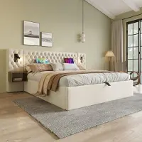 STILVORA Letto imbottito 160 x 200 cm matrimoniale con connessione di ricarica USB e luce di lettura, letto contenitore idraulico con comodini e cassettiera, beige (senza materasso)