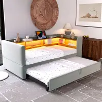 STILVORA Divano letto 90/180×190 cm, letto imbottito con letto estraibile e luci a LED, divano letto con prese elettriche, tessuto in velluto, grigio chiaro (senza materasso)