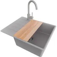 PrimaGran Lavello in granito grigio 62x50cm, lavello 1 vasca + rubinetto cucina 32x20cm + set di scarico + tagliere, lavello cucina da base 50 cm - Copenhagen