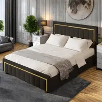 UnboxG Letto imbottito 140x200cm, letto a molle idrauliche, letto per ragazzi letto matrimoniale con rete a doghe e contenitore, letto contenitore, velluto, nero
