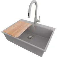 PrimaGran Lavello in granito grigio 68x50cm, lavello 1 vasca + rubinetto cucina 40x20cm + set di scarico + tagliere, lavello cucina da base 70 cm - Oslo