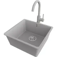 PrimaGran Lavello in granito grigio 46x44cm, lavello 1 vasca + rubinetto cucina 32x20cm + set di scarico, lavello cucina da base 50 cm - Venice Slim Easy