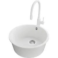 PrimaGran Lavello in granito bianco 46x46cm, lavello rotondo 1 vasca + rubinetto cucina 38x14cm + set di scarico, lavello cucina da base 50 cm - Valletta Slim