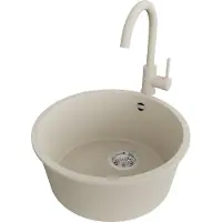 PrimaGran Lavello in granito beige 46x46cm, lavello rotondo 1 vasca + rubinetto cucina 32x20cm + set scarico, lavello cucina da base 50 cm - Valletta Slim