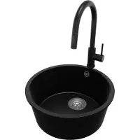 PrimaGran Lavello in granito nero 46x46 cm, lavello rotondo a vasca singola + rubinetto da cucina 40x20 cm + set di scarico, lavello da cucina per mobili base da 50 cm - Valletta Slim