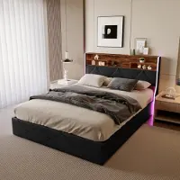 ProximaX Letto box 160x200 cm in Pelle finta nera e rovere chiaro, testata con vano contenitore, prese USB e strisce LED