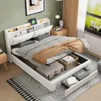 ProximaX Letto a pressione a gas 140×200 cm in bianco panna - Con contenitore nella testata e cassetto nella pediera - Funzione LED e USB - Ideale per camere da letto