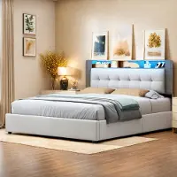 ProximaX Letto in velluto bianco sporco 160x200cm con schienale, contenitore sulla testata, ricarica wireless, illuminazione a LED e contenitore idraulico