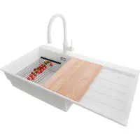 PrimaGran Lavello in granito bianco 90x50cm, lavello 1 vasca + rubinetto cucina 38x14cm + set scarico + set accessori cucina, lavello cucina da base 60 cm - Sydney