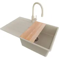 PrimaGran Lavello in granito beige 78x50cm, lavello 1 vasca + rubinetto da cucina 38x14cm + set di scarico + tagliere, lavello da cucina da base 50 cm - Copenhagen