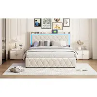 ProximaX Letto idraulico 140x190 cm in velluto beige, contenitore sulla testata, luce LED, porta USB + Type-C, design moderno e confortevole