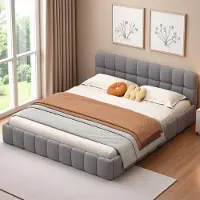 ProximaX Letto imbottito 140 x 200 cm, letto per ragazzi, letto matrimoniale con schienale morbido, struttura imbottita, rete a doghe in lino grigio (materasso non incluso)