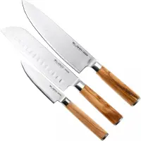 Eden kitchen knives Eden Sugoi Olive set di 3 coltelli, coltello da chef, santoku e spelucchino a lama dritta