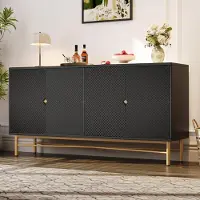 Merax Cassettiera 160 cm, credenza con 4 ante, gamba dorata, ripiani regolabili, credenza per soggiorno e sala da pranzo, nero