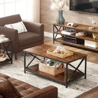 Inny Tavolino da salotto in stile rustico, dimensioni 100x55x45 cm, con spazio contenitivo, ideale per il soggiorno, tavolino con ripiano, divano moderno, colore marrone vintage/nero