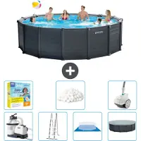 Intex Piscina rotonda con pannello grigio grafite - 478 x 124 cm - inclusa pompa - scaletta - telo di fondo - pacchetto manutenzione copertura - sfere filtranti - aspirapolvere