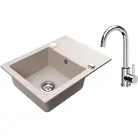 VBChome Lavello in granito 59 x 44 cm Beige con rubinetto Lavello da incasso a vasca singola Reversibile Speckled Lavello di facile manutenzione con sifone