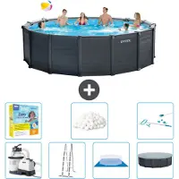 Intex Piscina rotonda con pannello grigio grafite - 478 x 124 cm - inclusa pompa - scaletta - telo di fondo - pacchetto di manutenzione della copertura - sfere filtranti - kit di pulizia