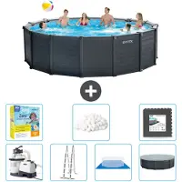 Intex Piscina rotonda con pannello grigio grafite - 478 x 124 cm - inclusa pompa - scaletta - telo di fondo - pacchetto di manutenzione della copertura - sfere filtranti - piastrelle per il pavimento