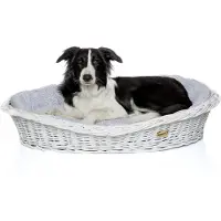 DOTTY Cesto in vimini bianco sbiancato per cani Cesto Wiki con cuccia in cotone - Beige con motivo a scacchi -