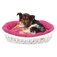 DOTTY Cesto in vimini bianco sbiancato per cani Cesto Wiki con cuccia in cotone - Rosa a pois bianchi -