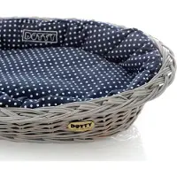 DOTTY Cesto di vimini grigio dipinto a mano Cesto vichingo con cuccia in cotone - Blu navy a pois bianchi - Lavabile e morbido -