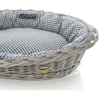 DOTTY Cesto di vimini grigio dipinto a mano con cuccia in cotone - Blu navy a quadri - Lavabile e morbido -
