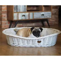 DOTTY Cesto in vimini bianco sbiancato per cani Cesto Wiki con cuccia in cotone - Beige con motivo a scacchi -