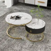 MODFU Tavolino da salotto rotondo 2 pezzi con cassetti neri per soggiorno, camera da letto, balcone, tavolino con struttura in metallo dorato, aspetto marmo
